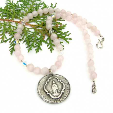inspirational coin pendant necklace virgin mary rose quartz