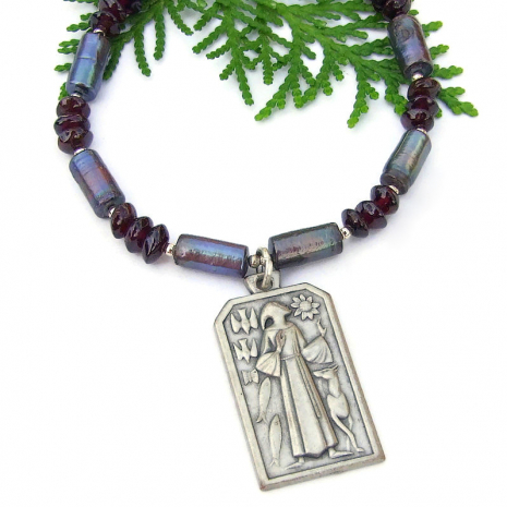 italian folk art style st francis animals handmade necklace pearls red garnet