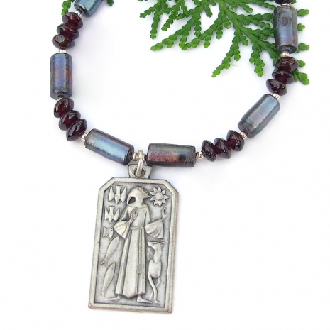 italian folk art style st francis animals handmade jewelry pearls red garnet