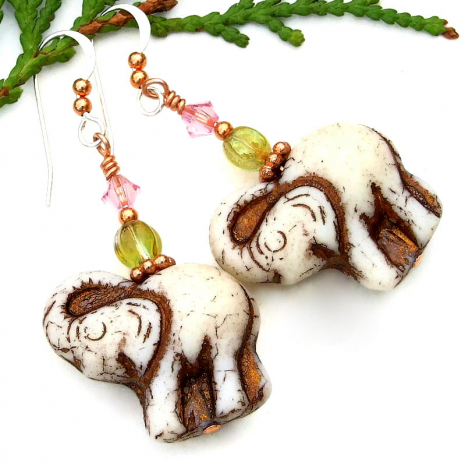 ivory and copper czech glass elephant earrings with lime green pink beads