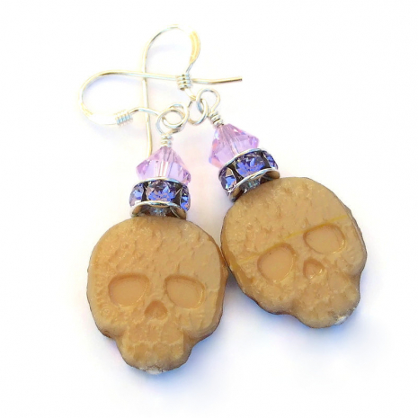 ivory beige glass back side of skull earrings