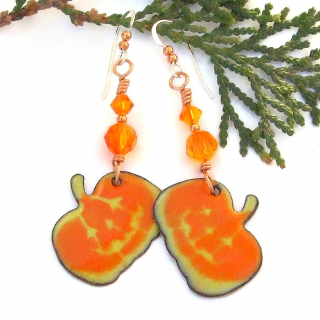 jack o lantern enamel pumpkin earrings swarovski crystals fire opal