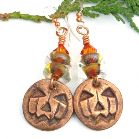 jack o lantern halloween earrings handmade copper pumpkin glass crystal jewelry