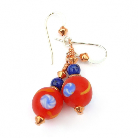 java glass handmade earrings gift for her red blue yellow