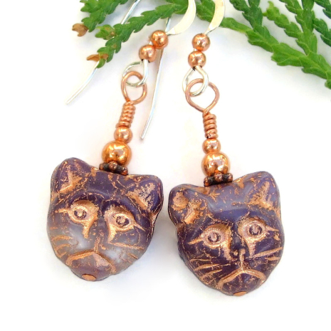 cat lover earrings handmade kitty calico czech glass copper