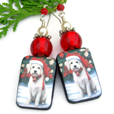 labradoodle puppy dog christmas earrings red glass white pearls handmade