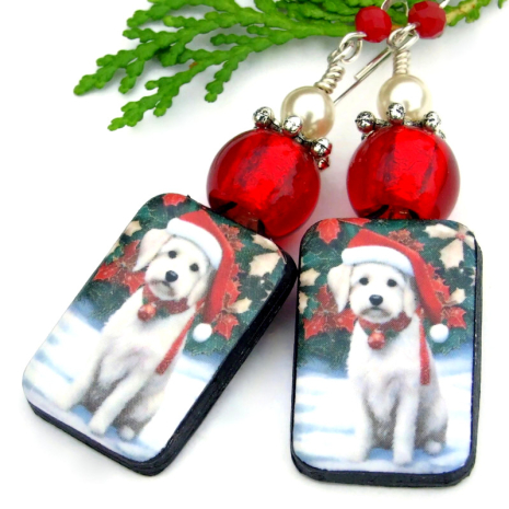 labradoodle puppy dog christmas jewelry red glass white pearls handmade