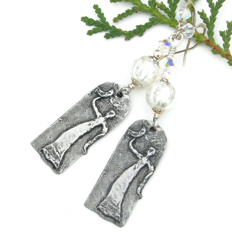lady moon woman handmade earrings pewter pearls swarovski crystals jewelry