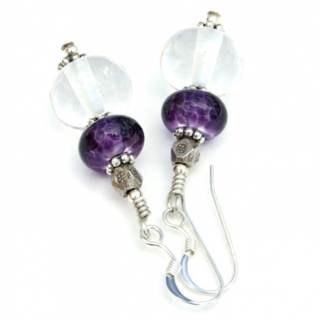 purple and clear lampwork bead earrings