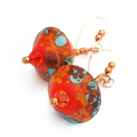 lampwork earrings orange blue gift for her