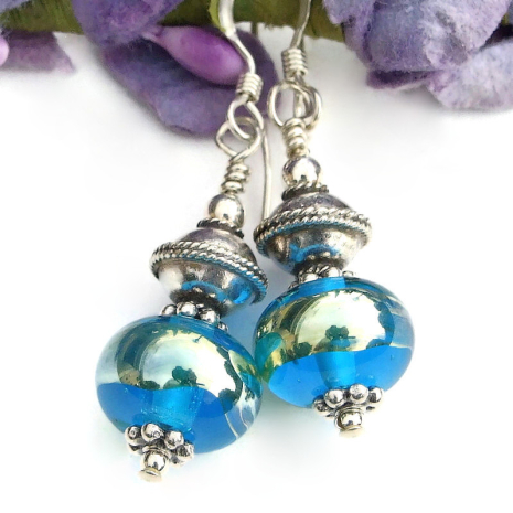 lampwork glass handmade earrings aqua blue aurae translucent thai fine silver