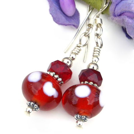 lampwork glass handmade earrings red white sterling silver