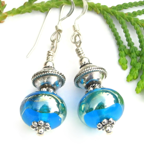 lampwork glass handmade jewelry aqua blue aurae translucent thai fine silver