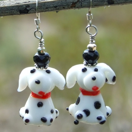 lampwork glass spotted dogs earrings handmade dog lover gift black onyx
