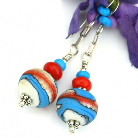 lampwork red coral turquoise magnesite earrings southwest handmade