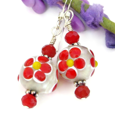 lampwork red yellow flower earrings handmade clear glass