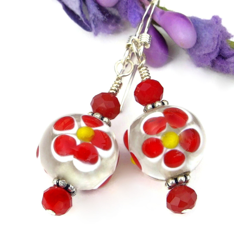 lampwork red yellow flower jewelry handmade clear glass