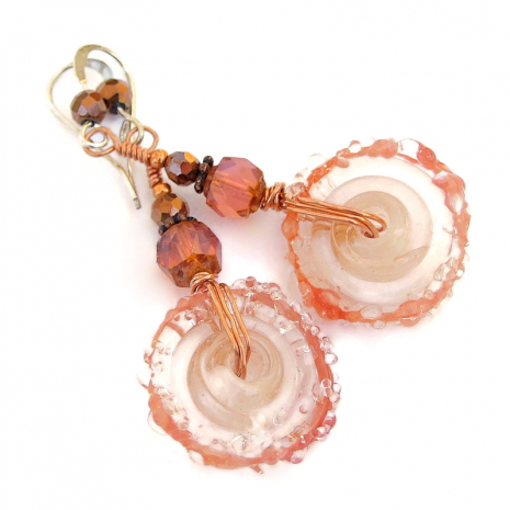 lampwork sugared disc wheel earrings handmade gift for her