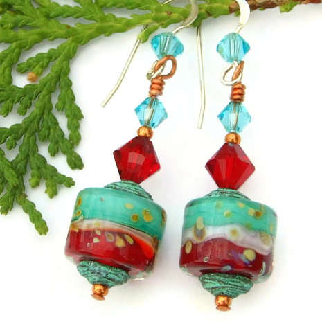lampwork swarovski crystal earrings handmade turquoise red white