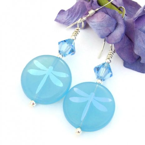 laser etched dragonfly earrings sky blue Czech glass