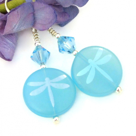 laser etched dragonfly jewelry sky blue Czech glass