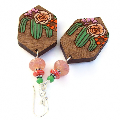laser etched wooden jewelry desert cactus flowers handmade