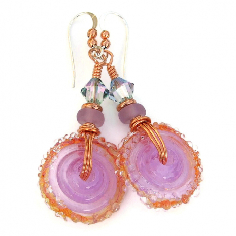 lavender brown lampwork wheel earrings swarovski crystals