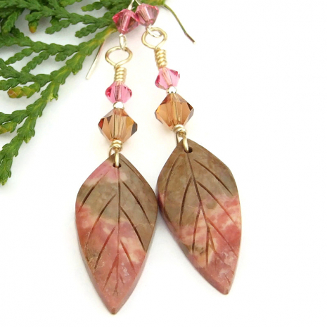 leaf leaves handmade earrings jewelry pink brown rhodonite swarovski