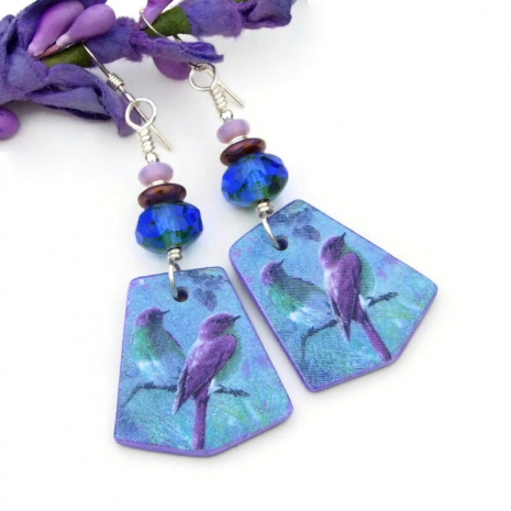 lightweight bird earrings handmade polymer clay purple blue green