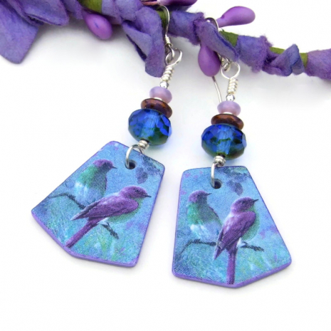 lightweight bird jewelry handmade polymer clay purple blue green