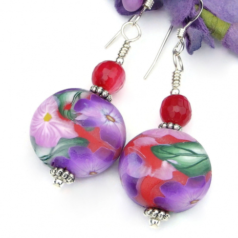lightweight handmade flower earrings purple lilac red green jewelry gift