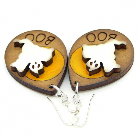 lightweight handmade Halloween ghost moon jewelry wooden boo earrings