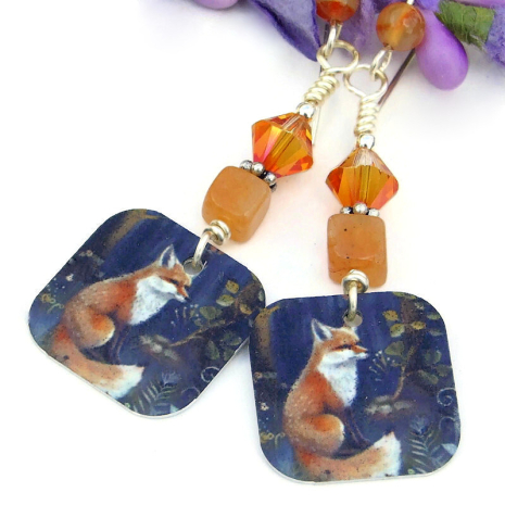 lightweight handmade red fox earrings vintage look peach aventurine swarovski