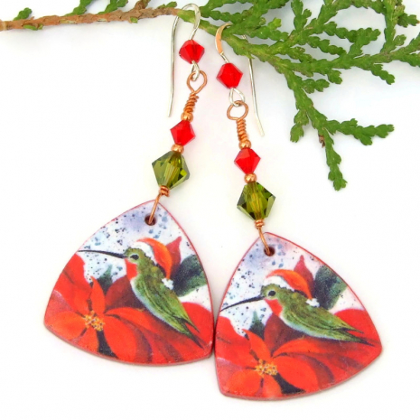 lightweight hummingbird christmas handmade earrings santa hat poinsettias