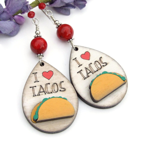 lightweight i love tacos hearts earrings wood red fossil coral 3D