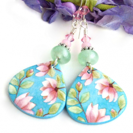 handmade flower jewelry pink magnolias aqua blue green