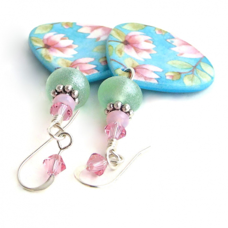 lightweight magnolia flower jewelry aqua blue green lampwork swarovski handmade