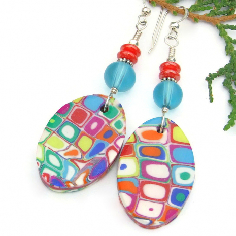 lightweight mokume gane polymer clay earrings handmade colorful Czech glass