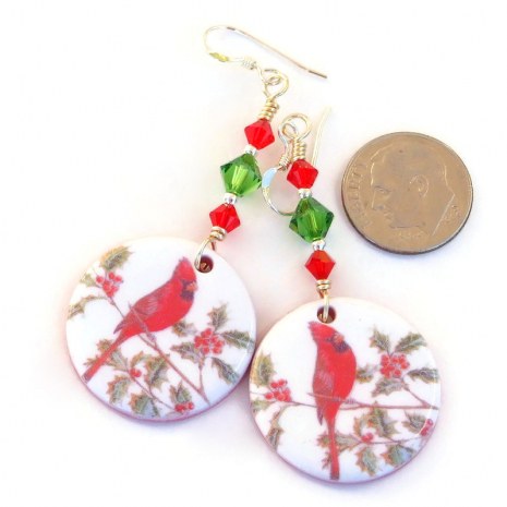 lightweight red cardinal bird holly earrings christmas