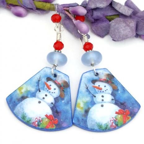 lightweight snowman christmas earrings holiday handmade lampwork