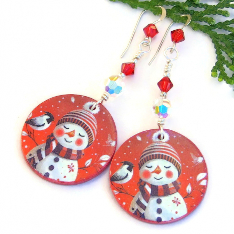 lightweight snowmen birds earrings handmade christmas holidays red white