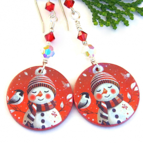 lightweight snowmen birds jewelry handmade christmas holidays red white