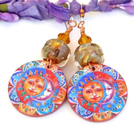 lightweight sun moon mandala handmade earrings polymer clay lampwork crystals