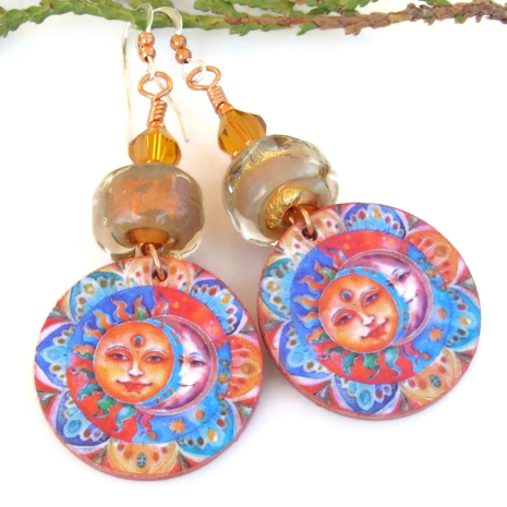 lightweight sun moon mandala handmade jewelry polymer clay lampwork crystals