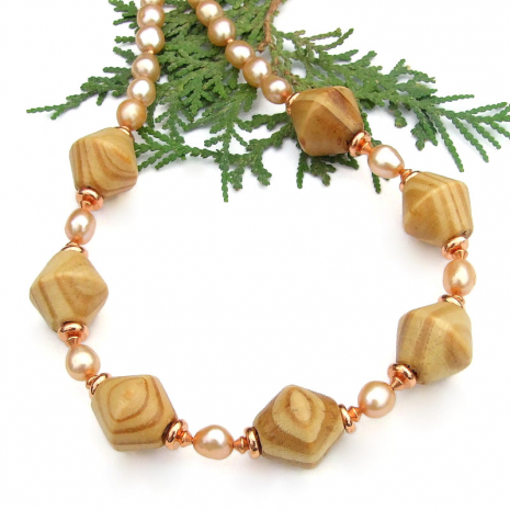 lightweight wood bead freshwater pearls handmade jewelry copper