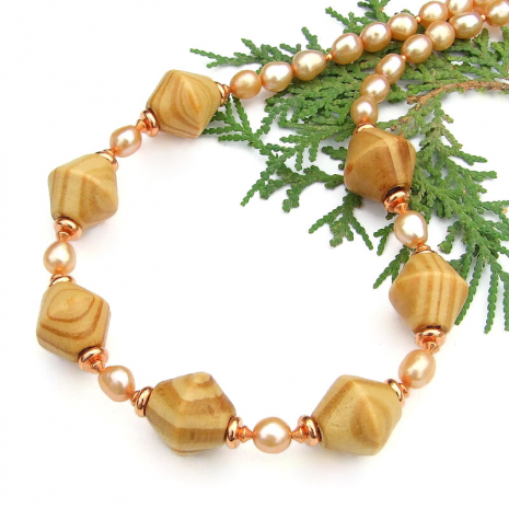 lightweight wood bead freshwater pearls handmade necklace copper