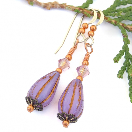 lilac silk czech glass handmade teardrop earrings swarovski crystals