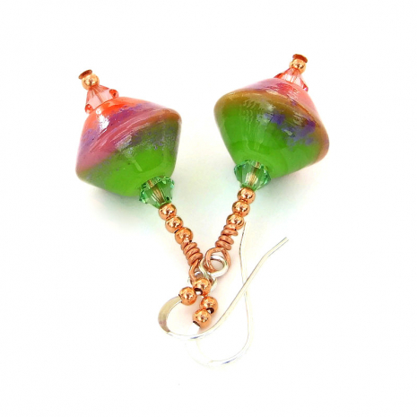 lime green lavender peach pink lampwork earrings handmade gift for her