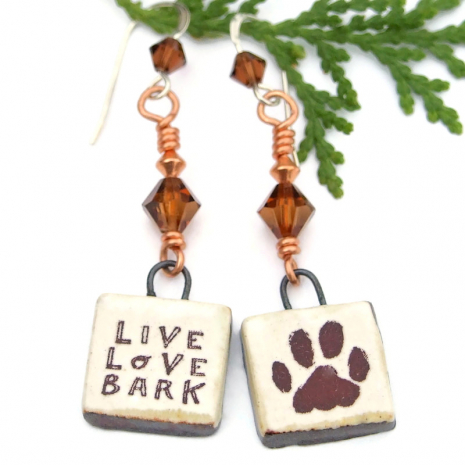 live love bark paw print dog earrings ceramic brown swarovski crystals