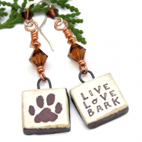 live love bark paw print dog jewelry ceramic brown swarovski crystals